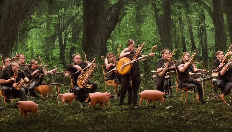 Image similar to a crowd of pigs playing orchestral instruments in a grindcore show in the middle of a liminal forest, realistic, 4 k,