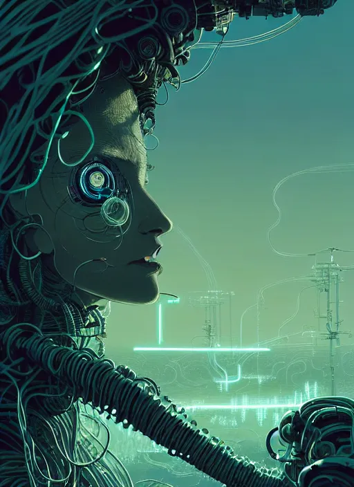 Image similar to highly detailed portrait of a biopunk long curly white hair tribal lady, stray wiring by atey ghailan, james gilleard, by joe fenton, by greg rutkowski, by greg tocchini, by kaethe butcher, 4 k resolution, gradient green, black and white color scheme!!! ( ( irradiated robotic rocky tornado landscape background ) )