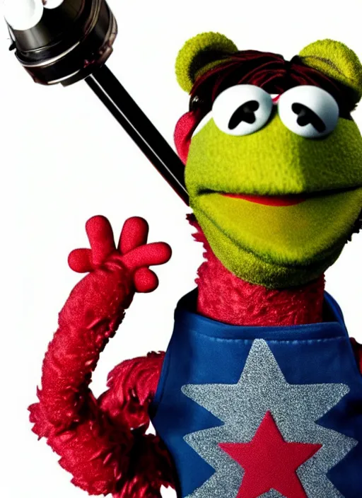 Image similar to studio portrait still of muppet!!!!! bucky barnes with one metal arm!!!!!! as a muppet muppet as a muppet, 8 k, studio lighting, key light,