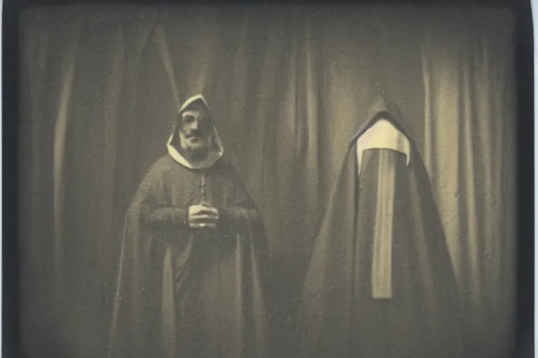 Image similar to dark old polaroid of an medieval religious leader, with a weird religious symbol, wide angle