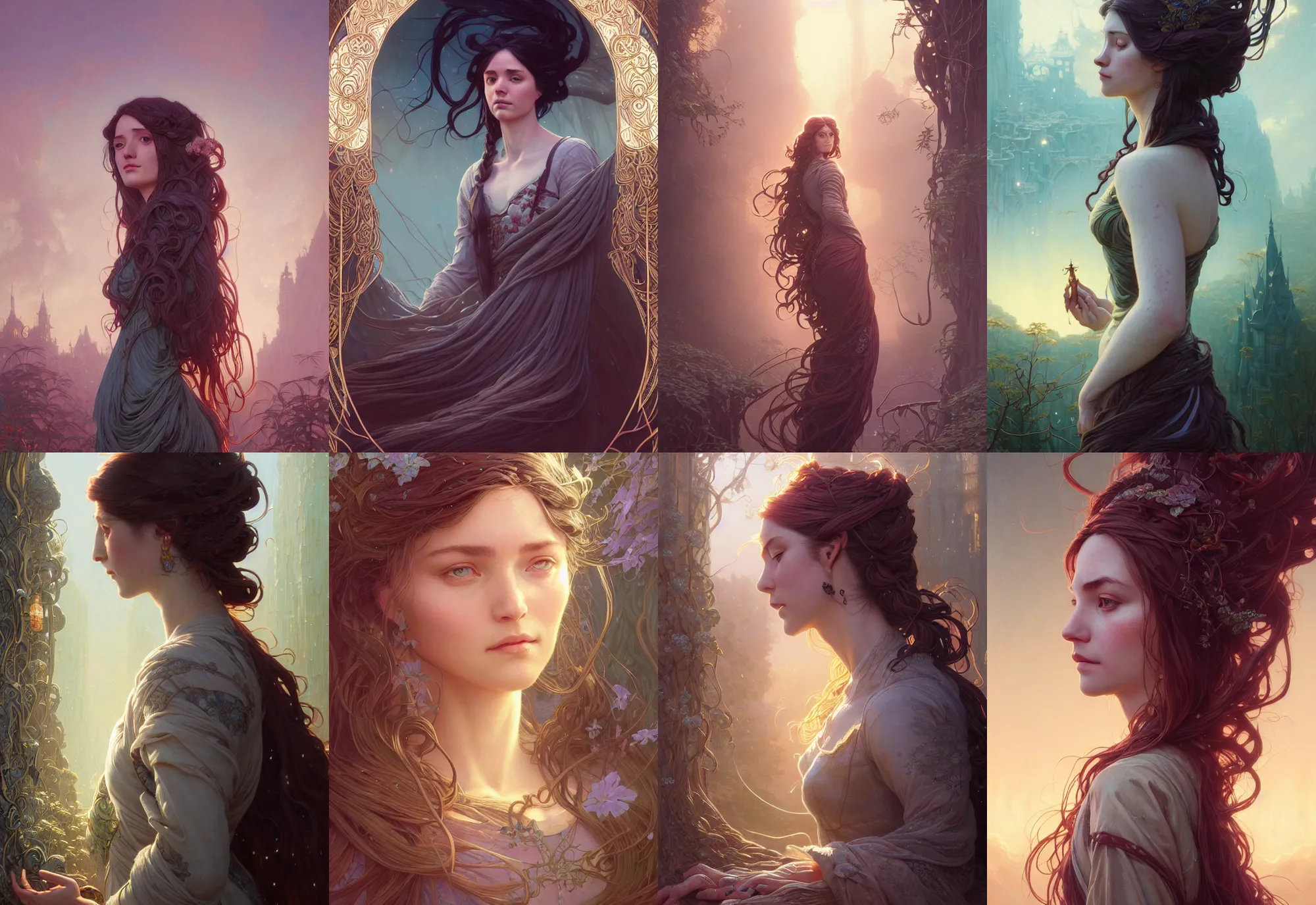 Image similar to highly detailed portrait of a woman with long hairs, stephen bliss, unreal engine, fantasy art by greg rutkowski, art nouveau, loish, rhads, ferdinand knab, makoto shinkai and lois van baarle, ilya kuvshinov, rossdraws, tom bagshaw, alphonse mucha, global illumination, radiant light, detailed and intricate environment