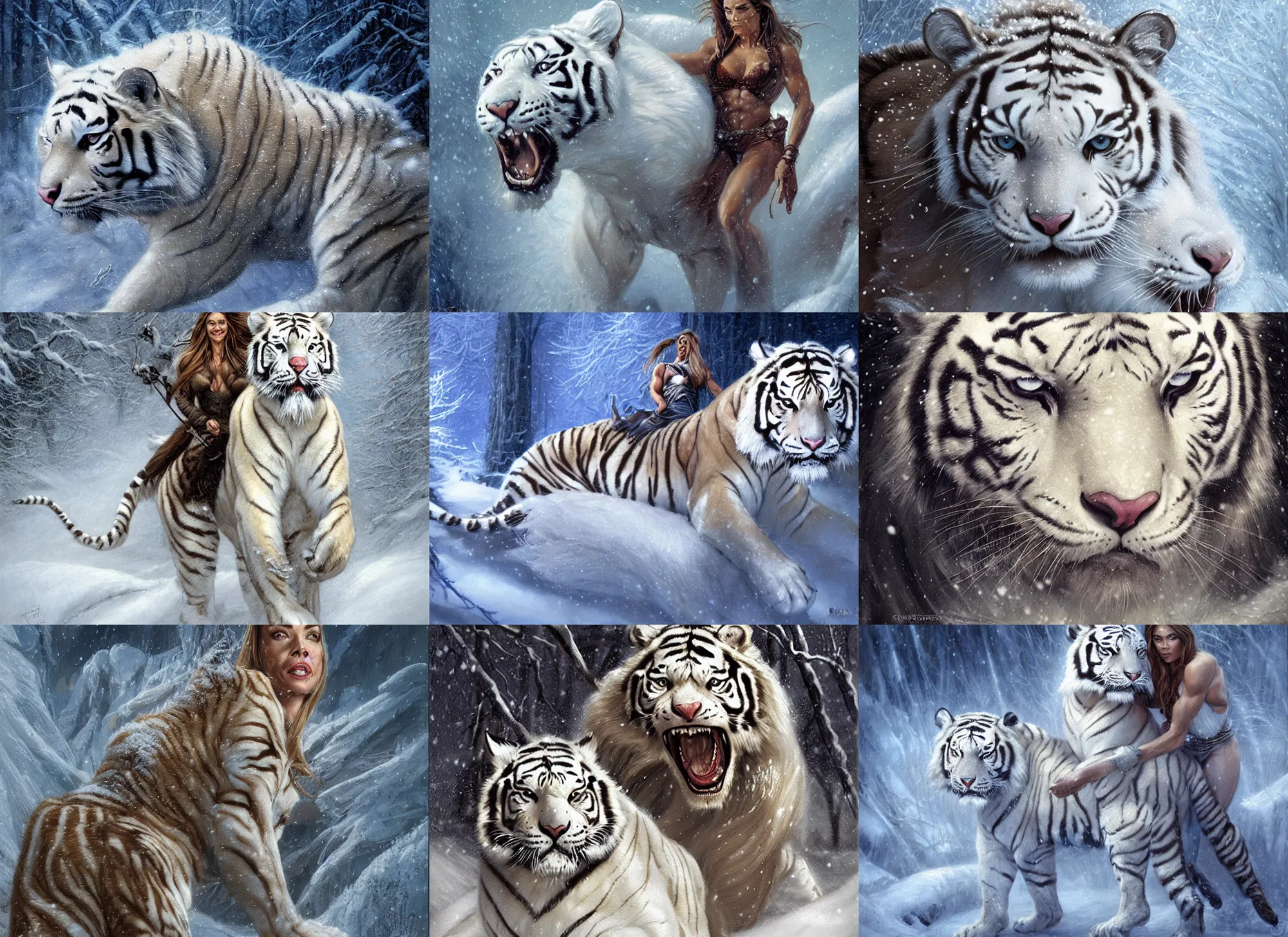 Image similar to face portrait of muscled Denise Richards riding a fierce large white tiger, wintery scene, snow storm, Donato Giancola, Mark Brooks, Ralph Horsley, Charlie Bowater, Artgerm, Christopher Balaskas, Bastien Lecouffe-Deharme