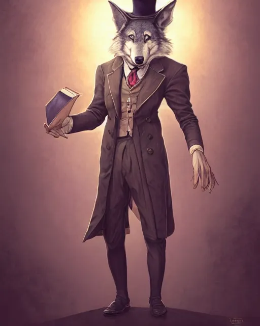 Image similar to anthropomorphic art of a detective wolf, victorian inspired clothing by artgerm, victo ngai, ryohei hase, artstation. fractal papersand books. highly detailed digital painting, smooth, global illumination, fantasy art by greg rutkowsky, karl spitzweg