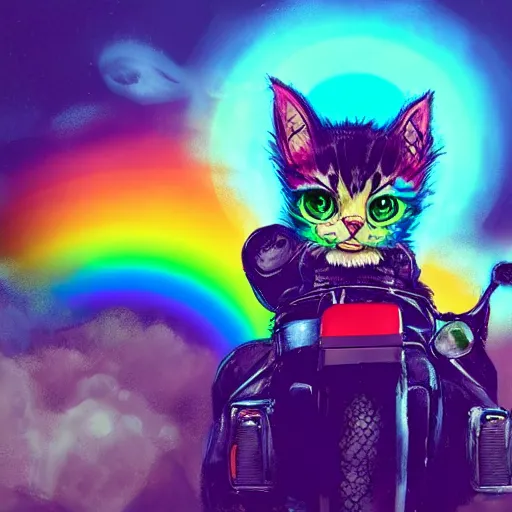 Image similar to wide angle full body, jacket wearing fluffy cute rainbow kitten wearing a black leather motorcycle jacket, riding on a motorcycle, cinematic concept art