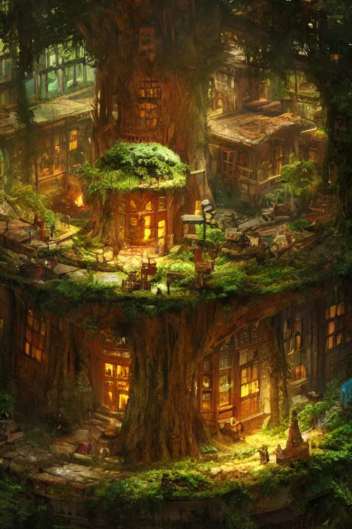 Image similar to a miniature city built into the trunk of a single colossal tree in the forest, with tiny people, in the style of craig mullins, lit windows, close - up, low angle, wide angle, awe - inspiring, highly detailed digital art