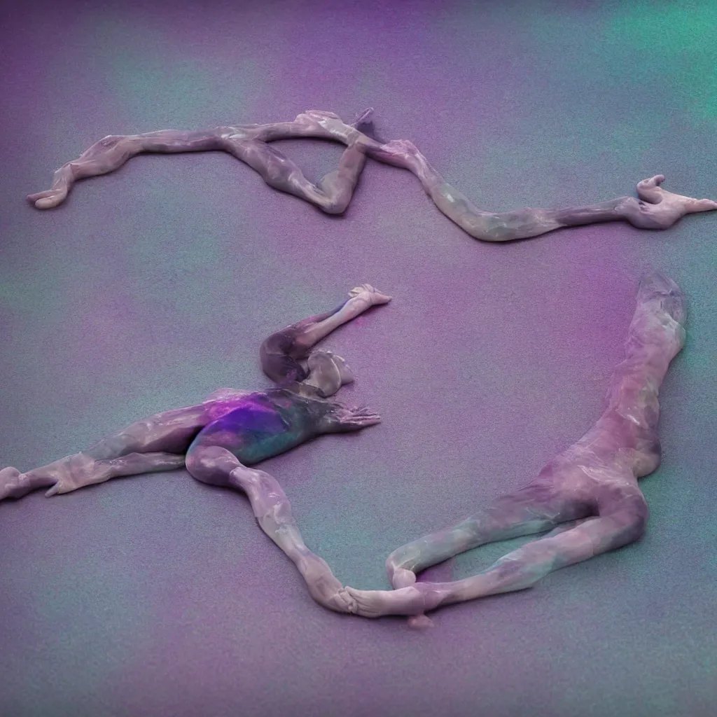 Image similar to close - up of iridiscent oil slick corpses connected by a transparent pipe to a wax form relaxing on yoga mat, faded, gradient, fog, smoke, depth of field, blur, very detailed, glitch, by nadav kander and hans bellmer, 8 k, ultrarealistic, ultradetailed, sad atmosphere, cinematic