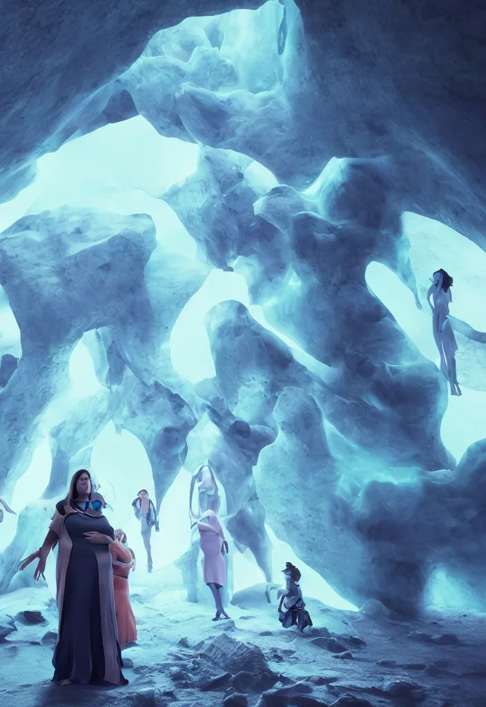 Prompt: epic leader pregnant woman talking to all her tribe with futuristic fluorescence, proud people looking at the pregnant woman, ice cave, facinating, fantasy digital art, octane render, beautiful composition, trending on artstation, coherent, masterpiece, photorealistic