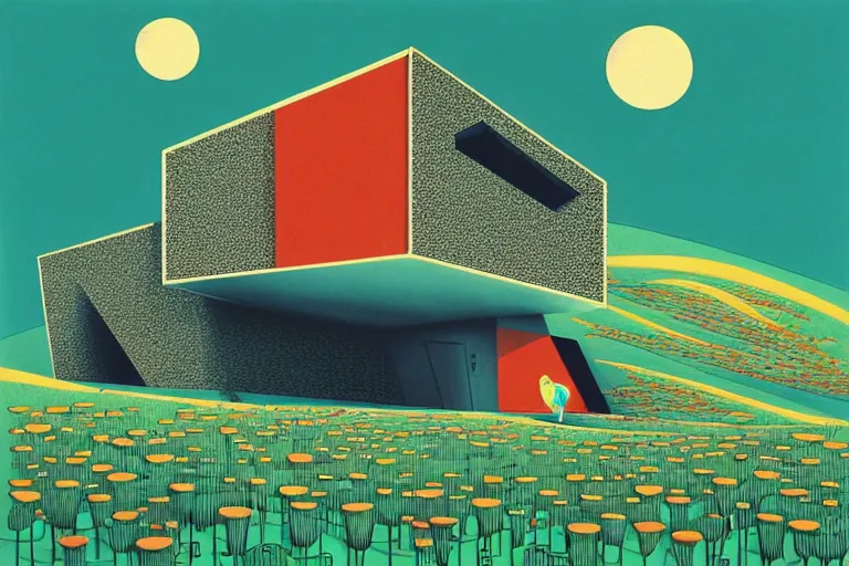 Prompt: surreal glimpse into other universe, house by zaha hadid, summer morning, very coherent and colorful high contrast, art by!!!! gediminas pranckevicius!!!!, geof darrow, floralpunk screen printing woodblock, dark shadows, hard lighting, stipple brush technique,