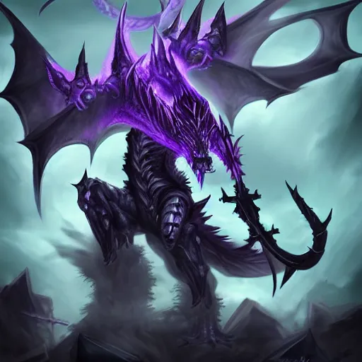 Image similar to violet reaper dragon hybrid, dark background with skulls, fantasy game art, fantasy rpg, league of legends