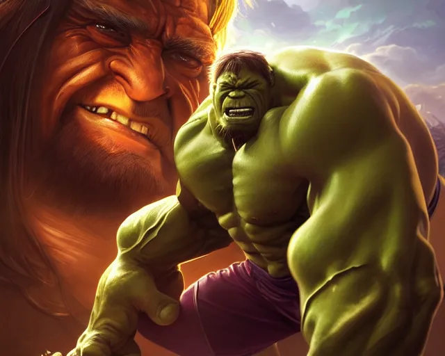 Image similar to photography of hulk hogan as the hulk, deep focus, d & d, fantasy, intricate, elegant, highly detailed, digital painting, artstation, concept art, matte, sharp focus, illustration, hearthstone, art by artgerm and greg rutkowski and alphonse mucha