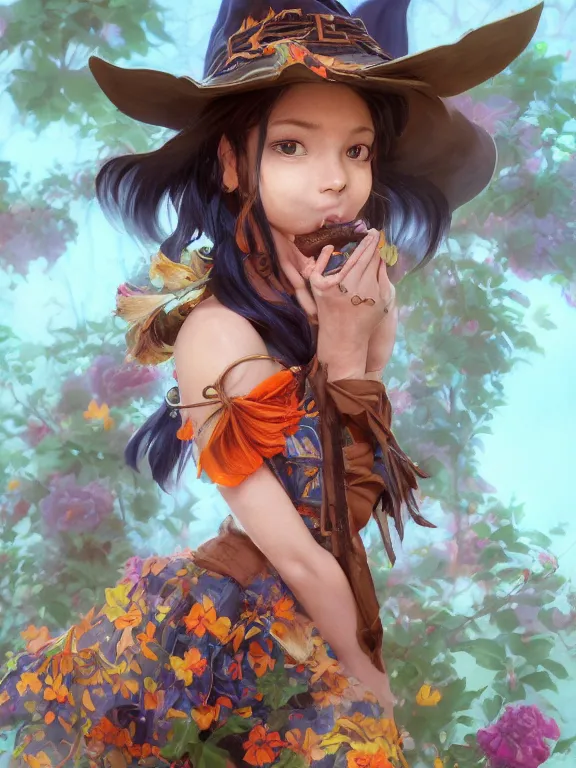 Image similar to Full shot of a cute mischievous young witch about to get up to some trouble with her playful snake familiar. Latin American fashion. Floral patterns. Black and Orange palette. Magic. Latina girl. brown skin. defined facial features, symmetrical facial features. Smiling. By Ruan Jia and Artgerm and Range Murata and WLOP and Ross Tran and William-Adolphe Bouguereau. Key Art. Fantasy Illustration. award winning, Artstation, intricate details, realistic, Hyperdetailed, 8k resolution.