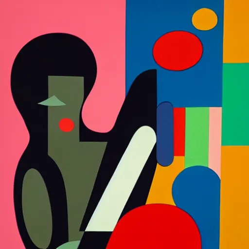 Image similar to portrait of a person playing guitar, abstract painting in the style of Sophie Taeuber-Arp and Gary Hume and Tatsuro Kiuchi, flat colour-block style, geometric abstraction, dark colours