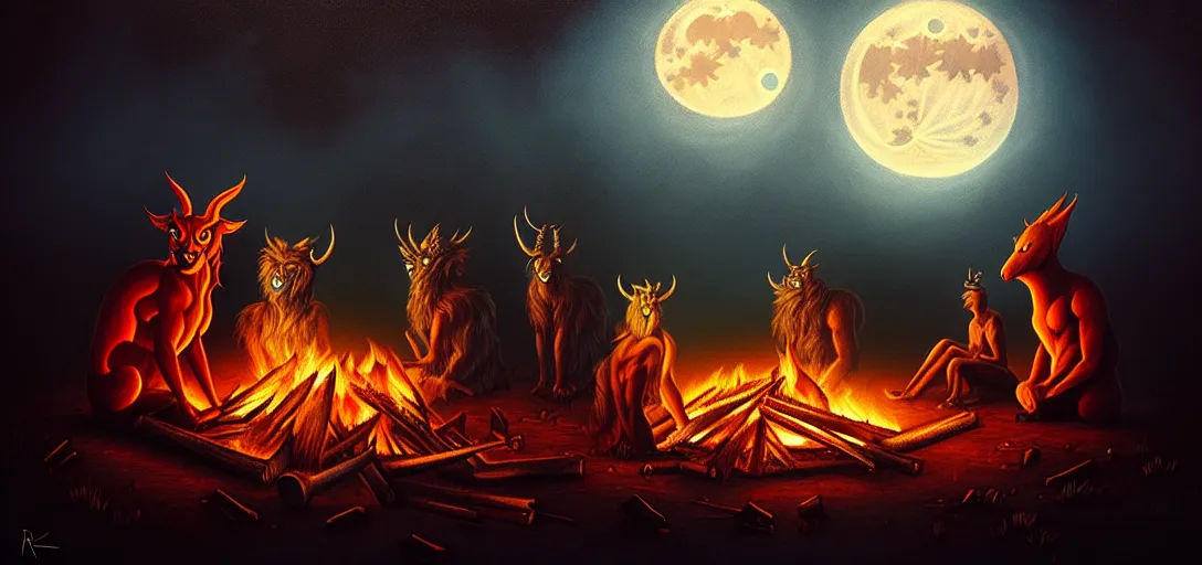 Image similar to strange mythical beasts of sitting around a fire under a full moon, surreal dark uncanny painting by ronny khalil