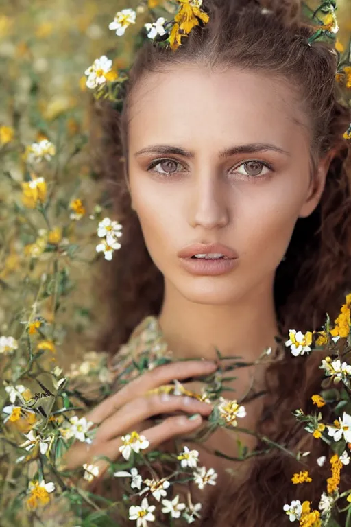 Prompt: photograph of an olive skinned female model in her twenties, her hair pinned up with flowers, wearing a designer top, looking content, focused on her neck, photo realistic, extreme detail skin, natural beauty, no filter, slr, golden hour, 8 k, high definition, selfie