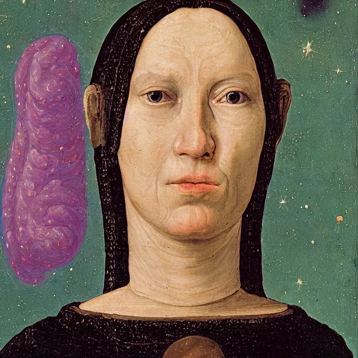 Image similar to a closeup portrait of an eel - headed woman, head of an eel, in a nebula, early netherlandish painting