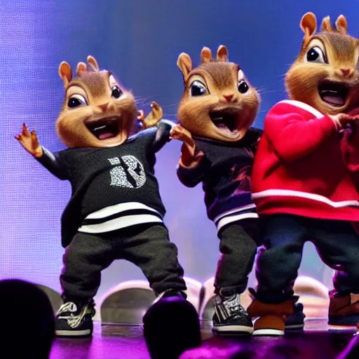 Image similar to kendrick lamar brings alvin and the chipmunks on stage to rap with him