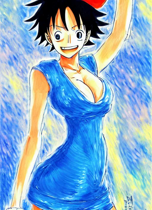 Image similar to a portrait of a female one piece character, blue outfit, very anime in impressionist style, trending artwork, anime painter studio, by claude monet