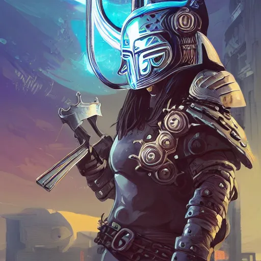 Image similar to cyberpunk viking helmet mask warrior goddess robot ninja fantasy, art gta 5 cover, official fanart behance hd artstation by jesper ejsing, by rhads, makoto shinkai and lois van baarle, ilya kuvshinov, ossdraws