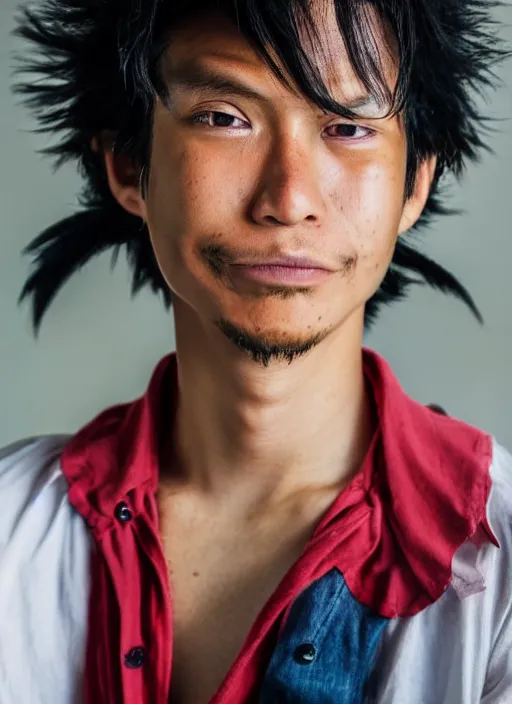 Image similar to A full portrait photo of real-life luffy one piece, f/22, 35mm, 2700K, lighting, perfect faces, award winning photography.