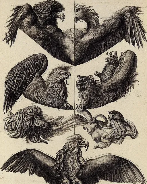 Prompt: four faces on different sides of one creature, eagle, lion, ox, human, drawn by da vinci