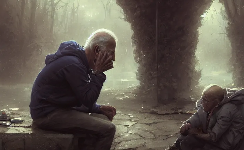 Prompt: highly detailed portrait of joe biden as a homeless, conversing with himself, stephen bliss, unreal engine, fantasy art by greg rutkowski, loish, rhads, ferdinand knab, makoto shinkai and lois van baarle, ilya kuvshinov, rossdraws, tom bagshaw, global illumination, radiant light, detailed and intricate environment