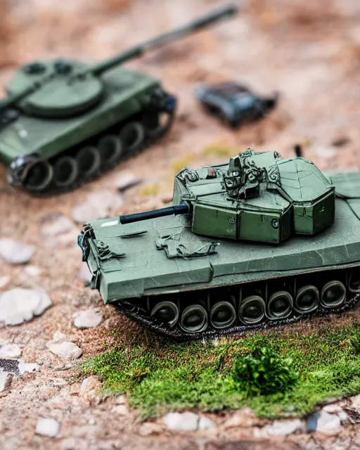 Image similar to high quality presentation photo of a detailed miniature diorama of a tank battle with miniature soldiers, photography 4k, f1.8 anamorphic, bokeh, 4k, Canon, Nikon