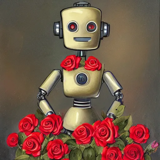 Image similar to a portrait of a robot wearing a hat full of roses, by Otto Eerelman