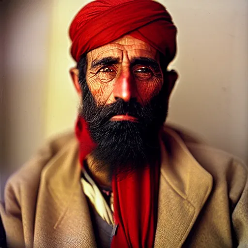 Image similar to portrait of president woodrow wilson as afghan man, green eyes and red scarf looking intently, photograph by steve mccurry