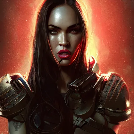 Image similar to megan fox portrait, dystopia core, apocalyptic, armor, warrior, dramatic, sharp focus, fiction, neon, fantasy, hyper detailed, digital art, trending in artstation, cinematic lighting, studio quality, smooth render, unreal engine 5 rendered, octane rendered, art style and nixeu and wlop and krenz cushart