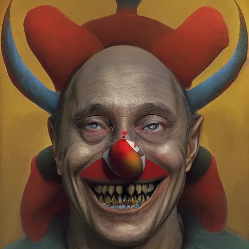 Prompt: vladimir putin, drunk jester, drunk circus performance, unga bunga, wearing clown nose, horror teeth, fantasy 3 d render, masterpiece, by donato giancola and greg rutkowski and wayne barlow and zdzisław beksinski, realistic face