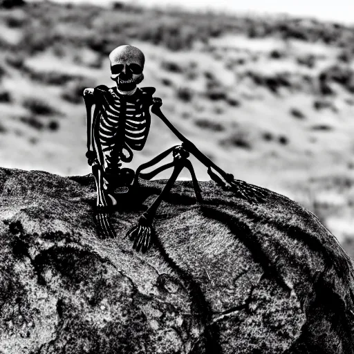 Image similar to a skeleton sitting on a rock, 30mm lens, high resolution 8k,