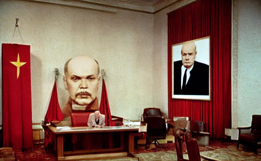 Prompt: 60s movie still of a stalinist style parlement with a giant portrait of Lenin, by Irving Penn , cinestill 800t 35mm eastmancolor, heavy grainy picture, very detailed, high quality, 4k, HD criterion, precise texture