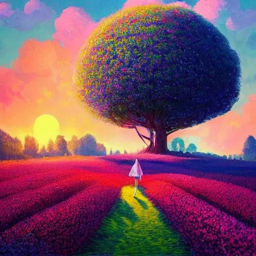 Image similar to flower field becoming a girl with dress and a giant flower as a face, hills, big trees, sunrise dramatic light, impressionist painting, colorful clouds, digital painting, pointillism, artstation, simon stalenhag