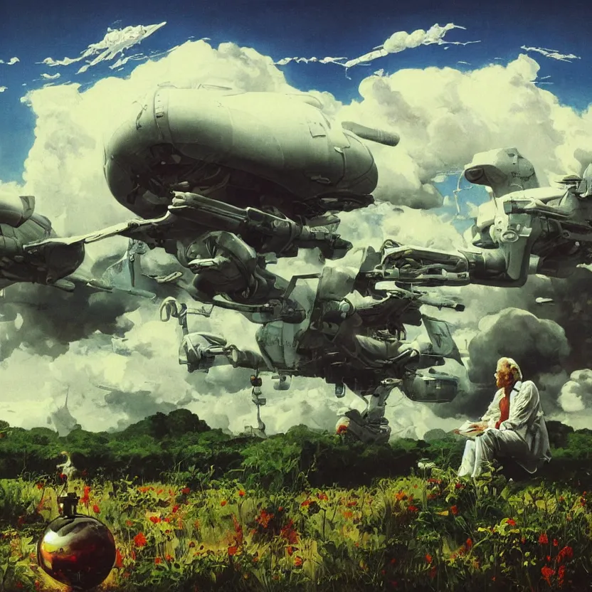 Prompt: highly detailed science fiction painting turned into a diorama sculpture depicting a futuristic lounge room on the edge of a meadow with billowing clouds. styling by norman rockwell, frank frazetta, and syd mead. rich colors, high contrast, gloomy atmosphere. trending on artstation.