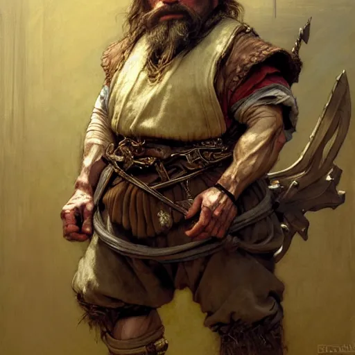 Prompt: highly detailed portrait of a dwarf peasant in the form of a tough male. d & d. art by donato giancola, eugene delacroix, ruan jia, carl larsson, peter mohrbacher. trending on artstation, intricate details, energetic composition, golden ratio, concept art, illustration, elegant art, global illuminaition