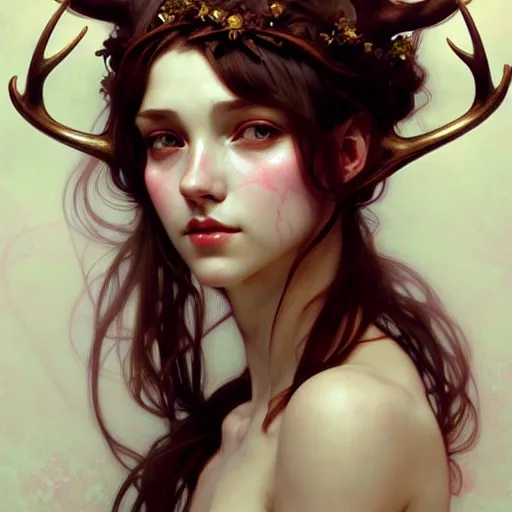 Image similar to A portrait of a girl with large antlers, face, fantasy, intricate, elegant, highly detailed, digital painting, artstation, concept art, smooth, sharp focus, illustration, art by Krenz Cushart and Artem Demura and alphonse mucha