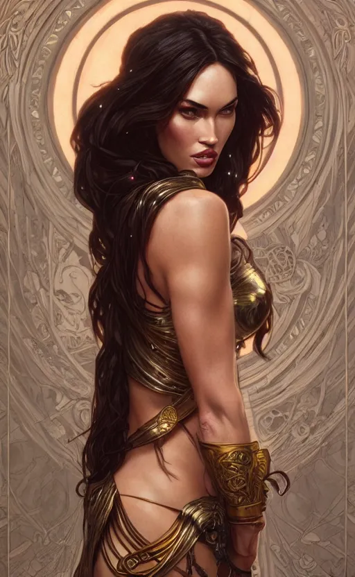 Image similar to portrait of megan fox as the goddess circe, greek mythology, intricate, headshot, highly detailed, digital painting, artstation, concept art, sharp focus, cinematic lighting, illustration, art by artgerm and greg rutkowski, alphonse mucha, cgsociety