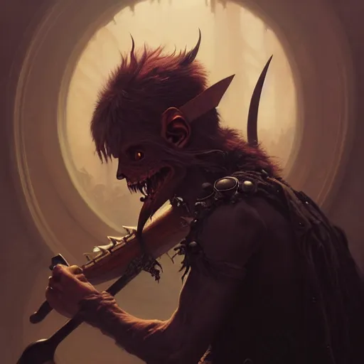 Image similar to portrait painting of a punk goblin bard with an axe, ultra realistic, concept art, intricate details, eerie, highly detailed, photorealistic, octane render, 8 k, unreal engine. art by artgerm and greg rutkowski and charlie bowater and magali villeneuve and alphonse mucha