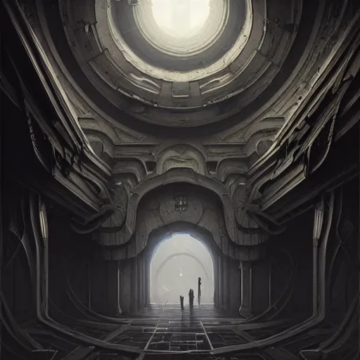 Prompt: professional ominous concept art architecture of an ominous object floating in a black and dark chamber with light filtering from the top by artgerm and greg rutkowski. an intricate, elegant, highly detailed digital painting, concept art, smooth, sharp focus, illustration, in the style of simon stalenhag, wayne barlowe, and igor kieryluk. ( low camera angle )