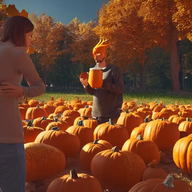 Image similar to pumpkin headed people ordering coffee at a coffee stand, maple trees with fall foliage, volumetric, realistic, cinematic lighting, ray tracing, unreal engine 5, octane render, hyper realistic, photo, 8 k