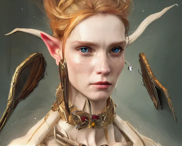 Image similar to elf portrait, au naturel, hyper detailed, digital art, trending in artstation, cinematic lighting, studio quality, smooth render, unreal engine 5 rendered, octane rendered, art style by klimt and nixeu and ian sprigger and wlop and krenz cushart.