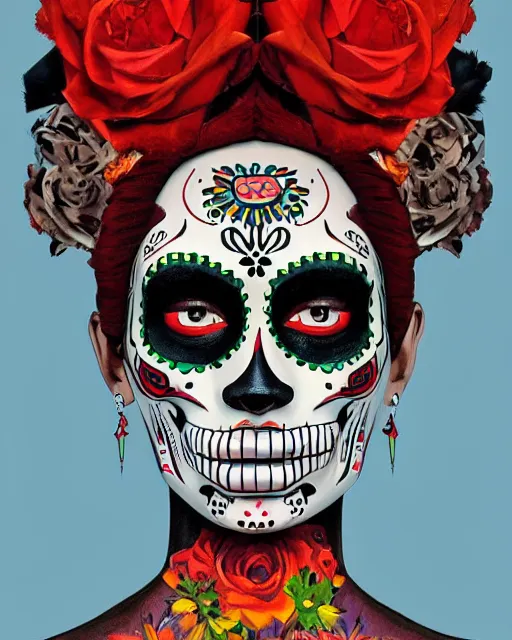 Prompt: dia de los muertos theme poster art by artemio rodriguez, aida muluneh, and gustave bauman, intricate, accurate facial details, profile picture, artgerm, retro, nostalgic, old fashioned, posterized color