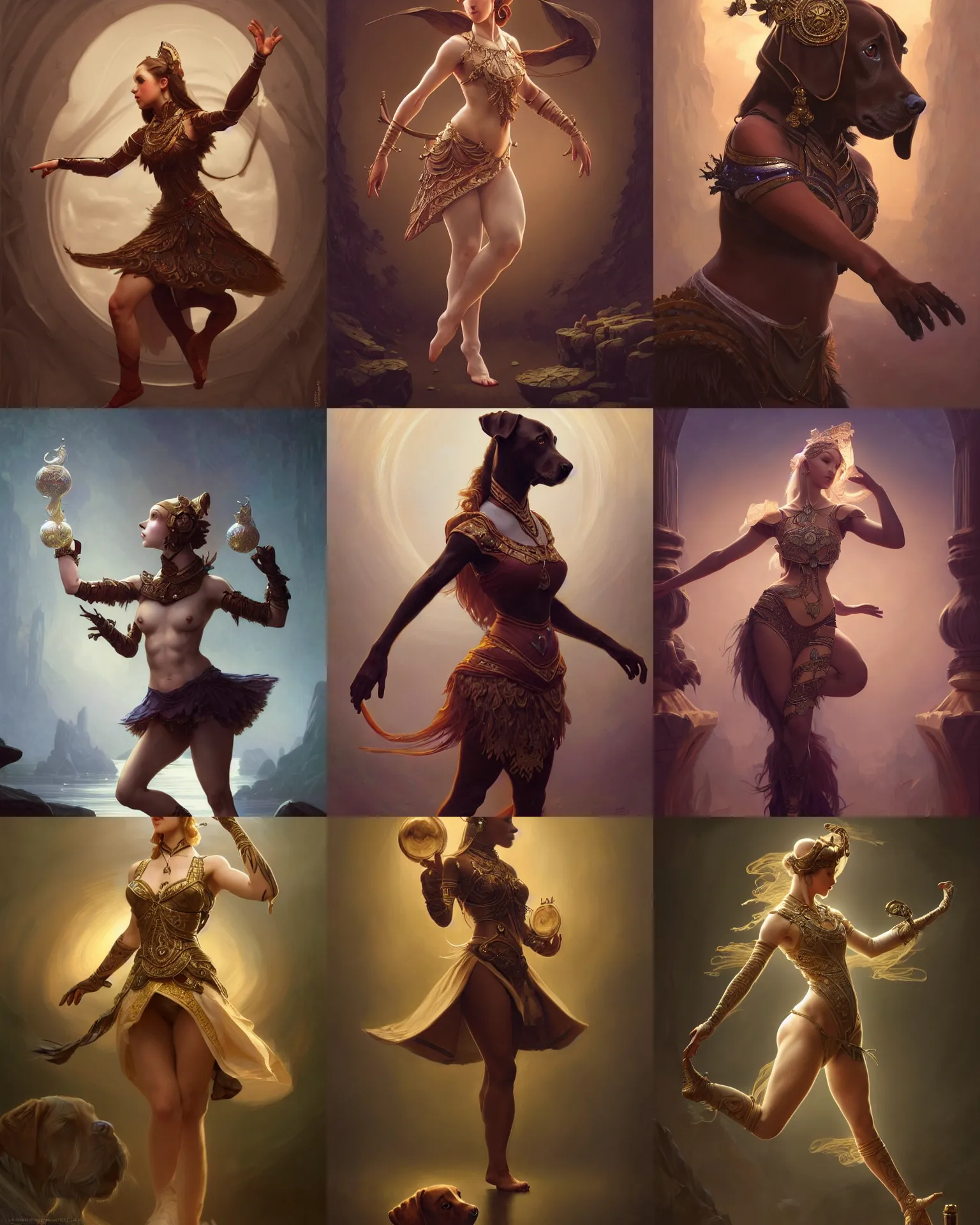 Prompt: full body photography of a female anthropomorphic labrador dancer, deep focus, d & d, fantasy, intricate, elegant, highly detailed, digital painting, artstation, concept art, matte, sharp focus, illustration, hearthstone, art by artgerm and greg rutkowski and alphonse mucha