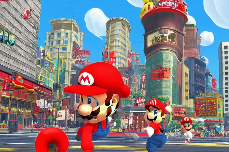 Image similar to an in game new donk city landscape from super mario odyssey, super mario odyssey art style.