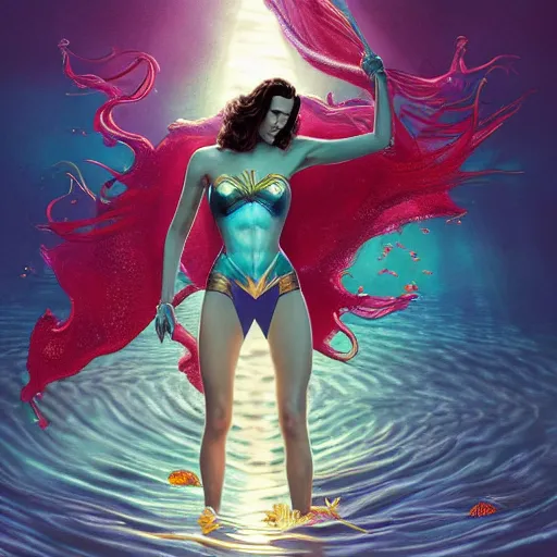 Image similar to Full body photo of the beautiful woman Gal Gadot as a siren, she is swimming under the sea, she is leading a variety of school of fish, she has a glow coming from her, she is getting illuminated for rays of light that cross the sea, the photo was taking by Annie Leibovitz, matte painting, oil painting, naturalism, 4k, 8k