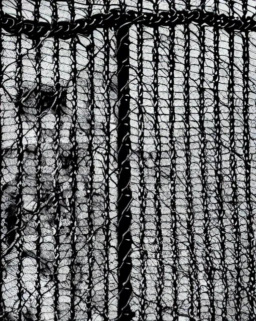 Prompt: black and white dramatic gritty pen art of a face shape in a chain link fence