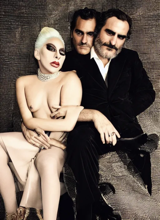 Image similar to lady gaga and joaquin phoenix styled by nick knight posing, full body shot, set pieces, intricate set, vogue magazine, canon, highly realistic. high resolution. highly detailed. dramatic. 8 k. 4 k.