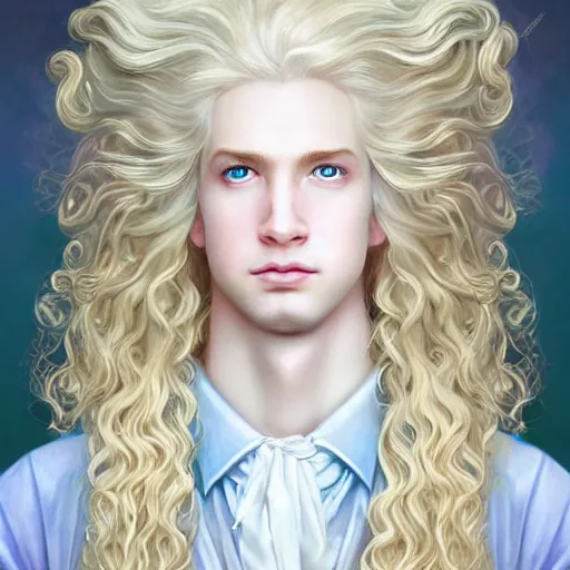 Image similar to Portrait of magical blond prince, very very very very pale white skin, long curly blond hair, dreamy and ethereal, pastel blue eyes, peaceful expression, ornate frilly regal shirt, fantasy, intricate, elegant, dynamic lighting, highly detailed, digital painting, artstation, concept art, smooth, sharp focus, illustration, art by artgerm and greg rutkowski and alphonse mucha