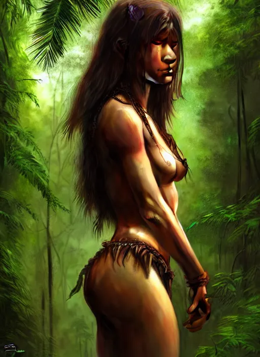 Image similar to photo of an amazon forest girl in the style of stefan kostic, realistic, full body shot, sharp focus, 8 k high definition, insanely detailed, intricate, elegant, art by stanley lau and artgerm, dark, gloomy street background