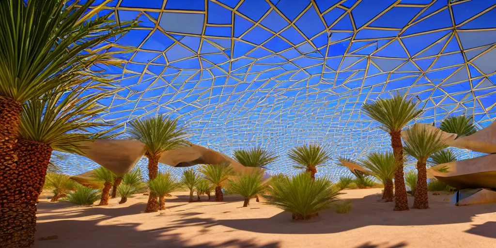 Prompt: faceted roof planes lift and descend creating shade and architectural expression, highly detailed, cyberpunk, situated in desert oasis, vivid colors, lush vegetation, wide lens panorama